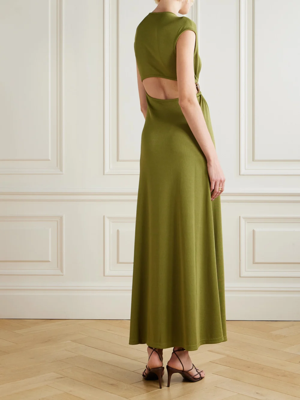 Back view of the Christopher Esber Cutout Embellished Ribbed-jersey Maxi Dress