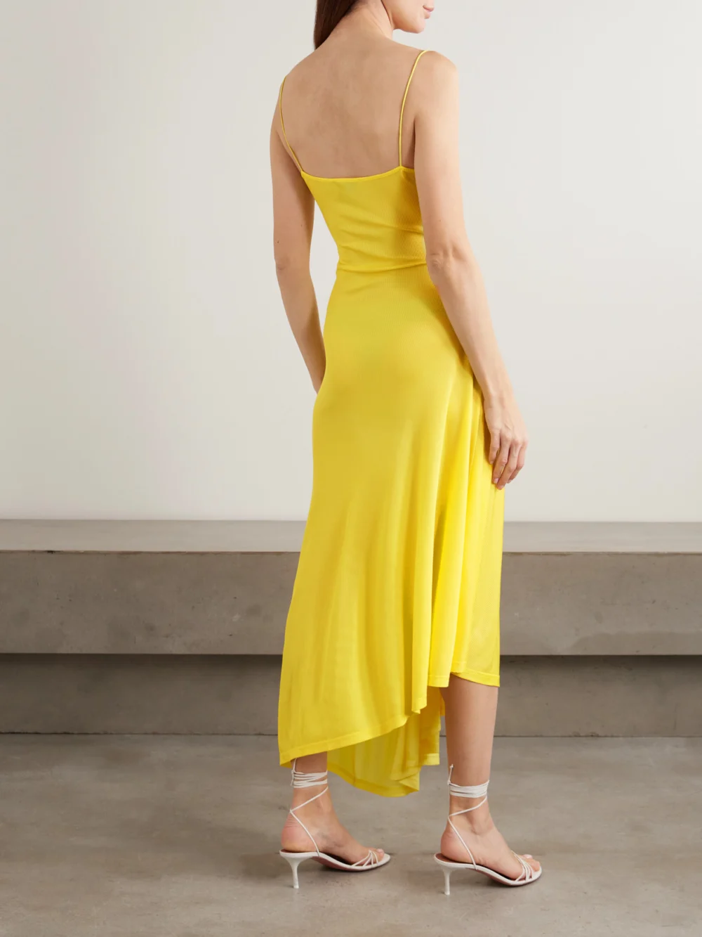 Back view of the Christopher Esber Delphin Asymmetric Gathered Lace-trimmed Ribbed Jersey Midi Dress