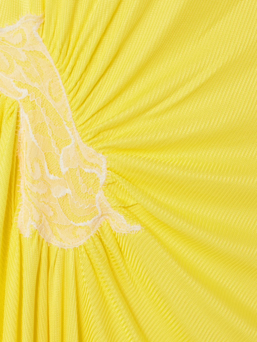 Close-up detail of the Christopher Esber Delphin Asymmetric Gathered Lace-trimmed Ribbed Jersey Midi Dress