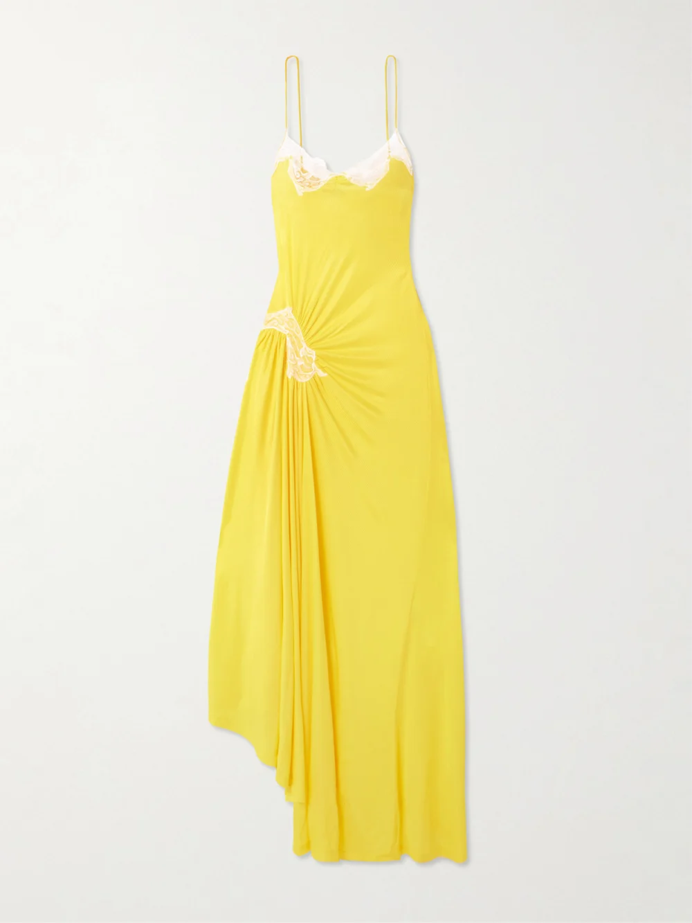 Christopher Esber Delphin Asymmetric Gathered Lace-trimmed Ribbed Jersey Midi Dress in yellow
