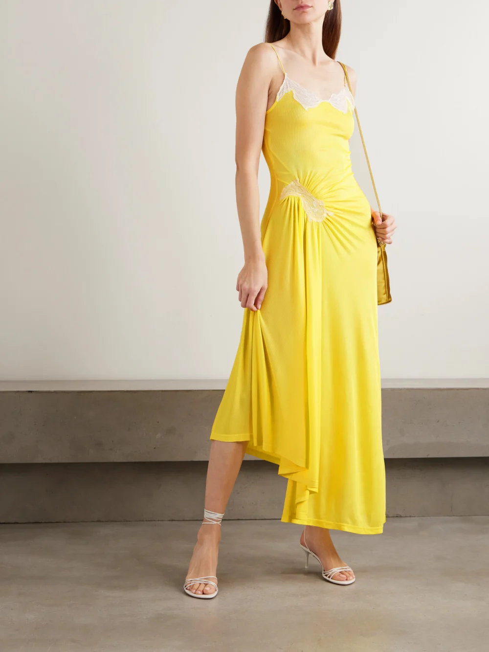 Christopher Esber Delphin Asymmetric Gathered Lace-trimmed Ribbed Jersey Midi Dress, worn by a model