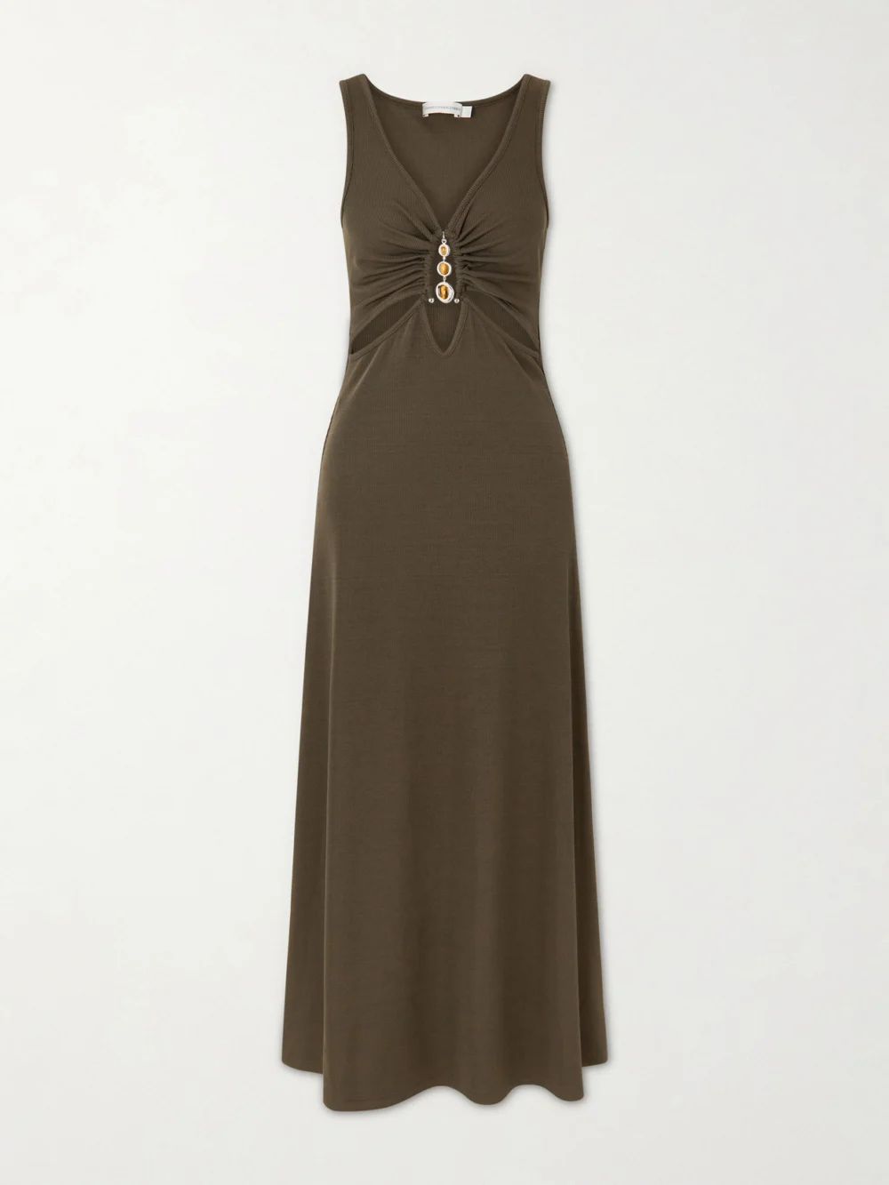 Christopher Esber Droplet Embellished Cut-out Ribbed-jersey Midi Dress in brown