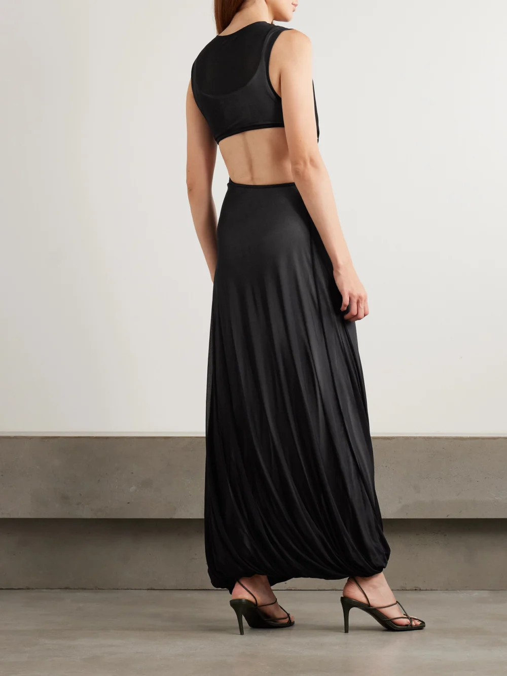Back view of the Christopher Esber Embellished Cutout Layered Stretch-jersey Maxi Dress