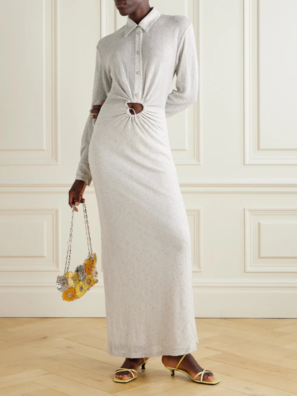Christopher Esber Embellished Cutout Metallic Mesh Maxi Dress, worn by a model