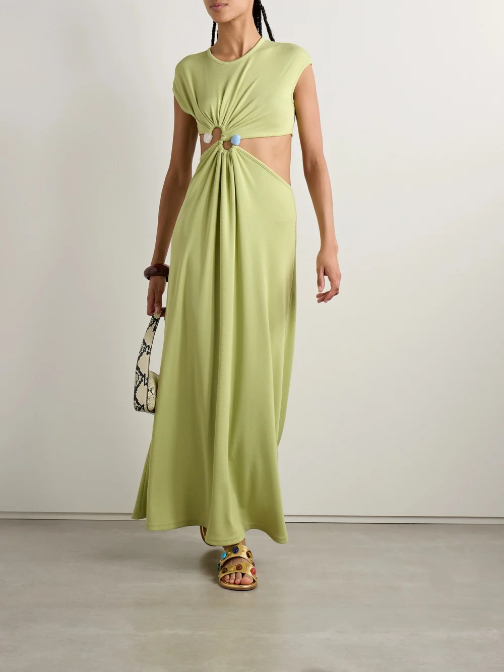 Christopher Esber Embellished Cutout Ribbed-knit Maxi Dress, worn by a model