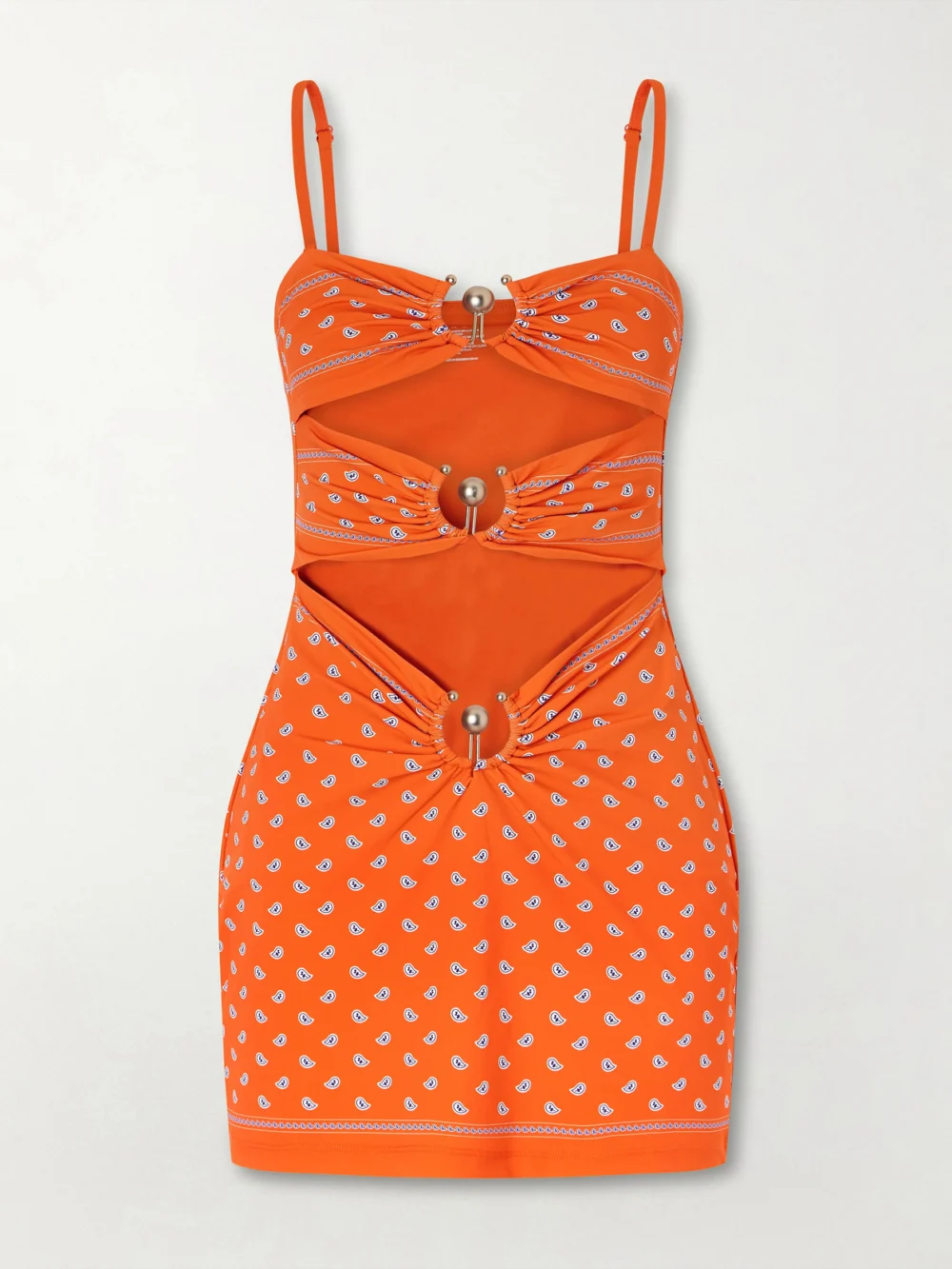 Christopher Esber Orbit Embellished Ruched Cutout Printed Stretch-jersey Mini Dress in orange