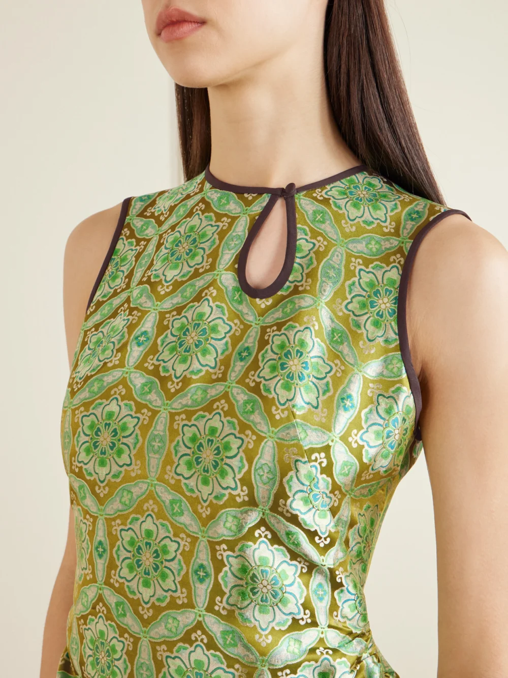 Close-up detail of the Christopher Esber Palmira Ruched Cutout Floral Brocade Mini Dress