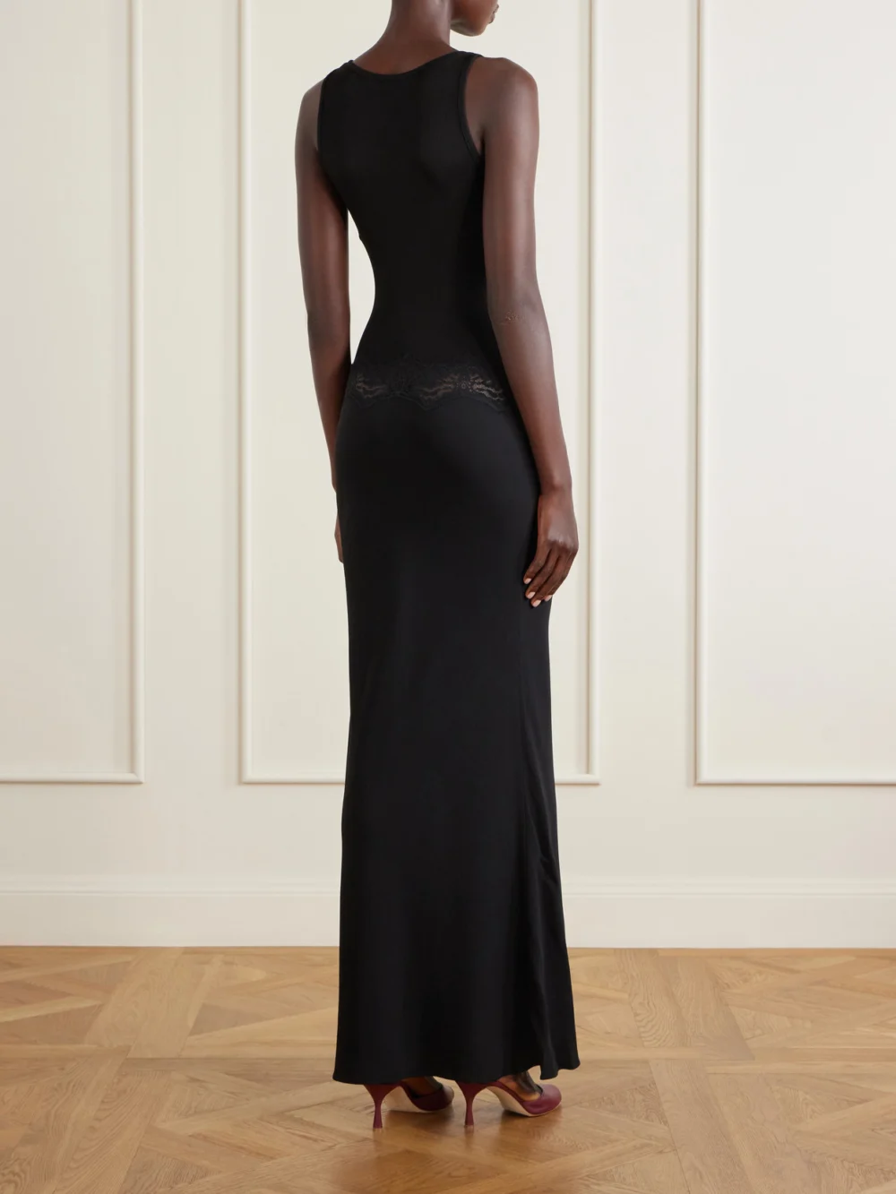 Back view of the Christopher Esber Verner Cut-out Ribbed-detail Lace-trimmed Jersey Midi Dress