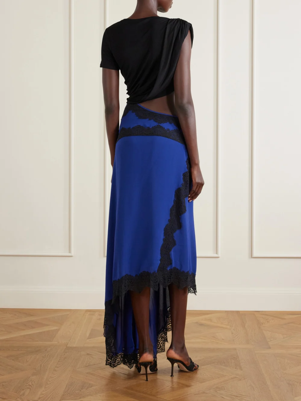 Back view of the Christopher Esber Verve Asymmetric Lace-trimmed Silk-georgette and Ribbed Jersey Dress