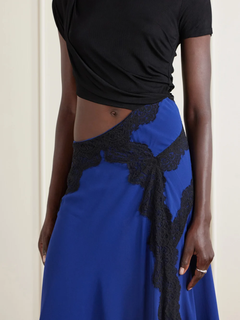 Close-up detail of the Christopher Esber Verve Asymmetric Lace-trimmed Silk-georgette and Ribbed Jersey Dress