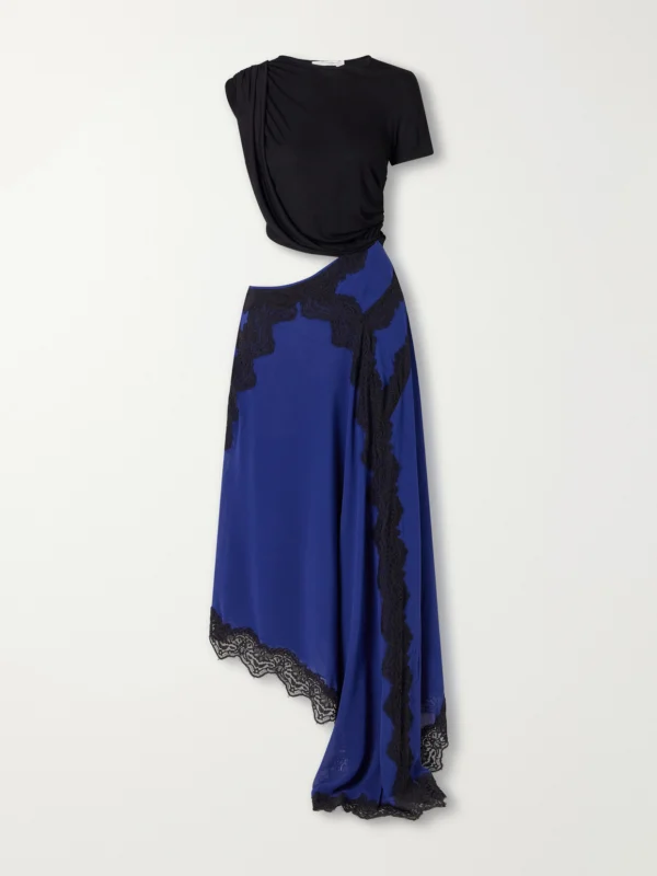 Christopher Esber Verve Asymmetric Lace-trimmed Silk-georgette and Ribbed Jersey Dress
