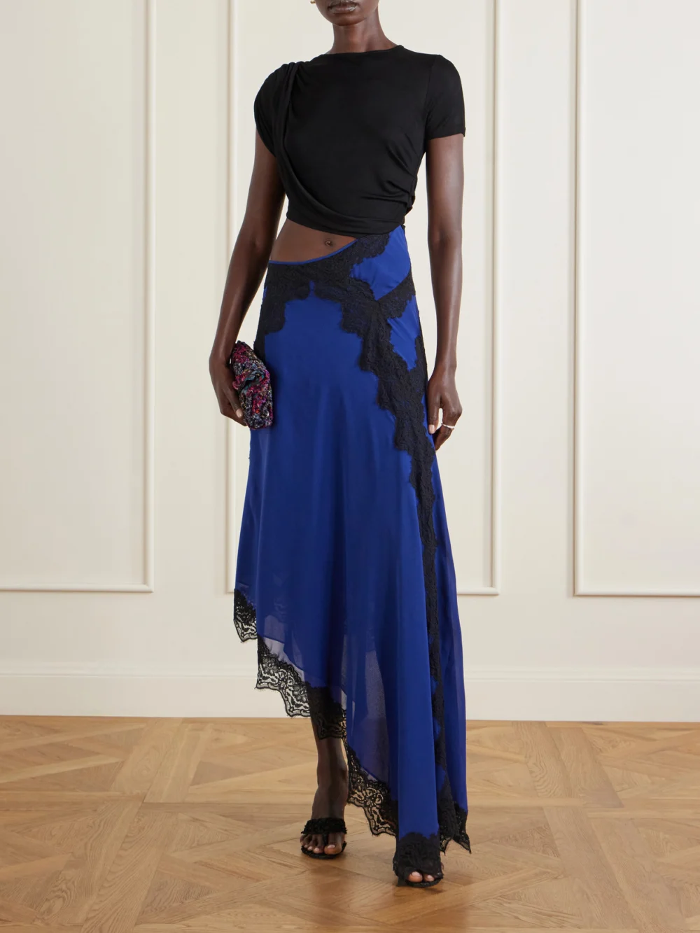 Christopher Esber Verve Asymmetric Lace-trimmed Silk-georgette and Ribbed Jersey Dress, worn by a model