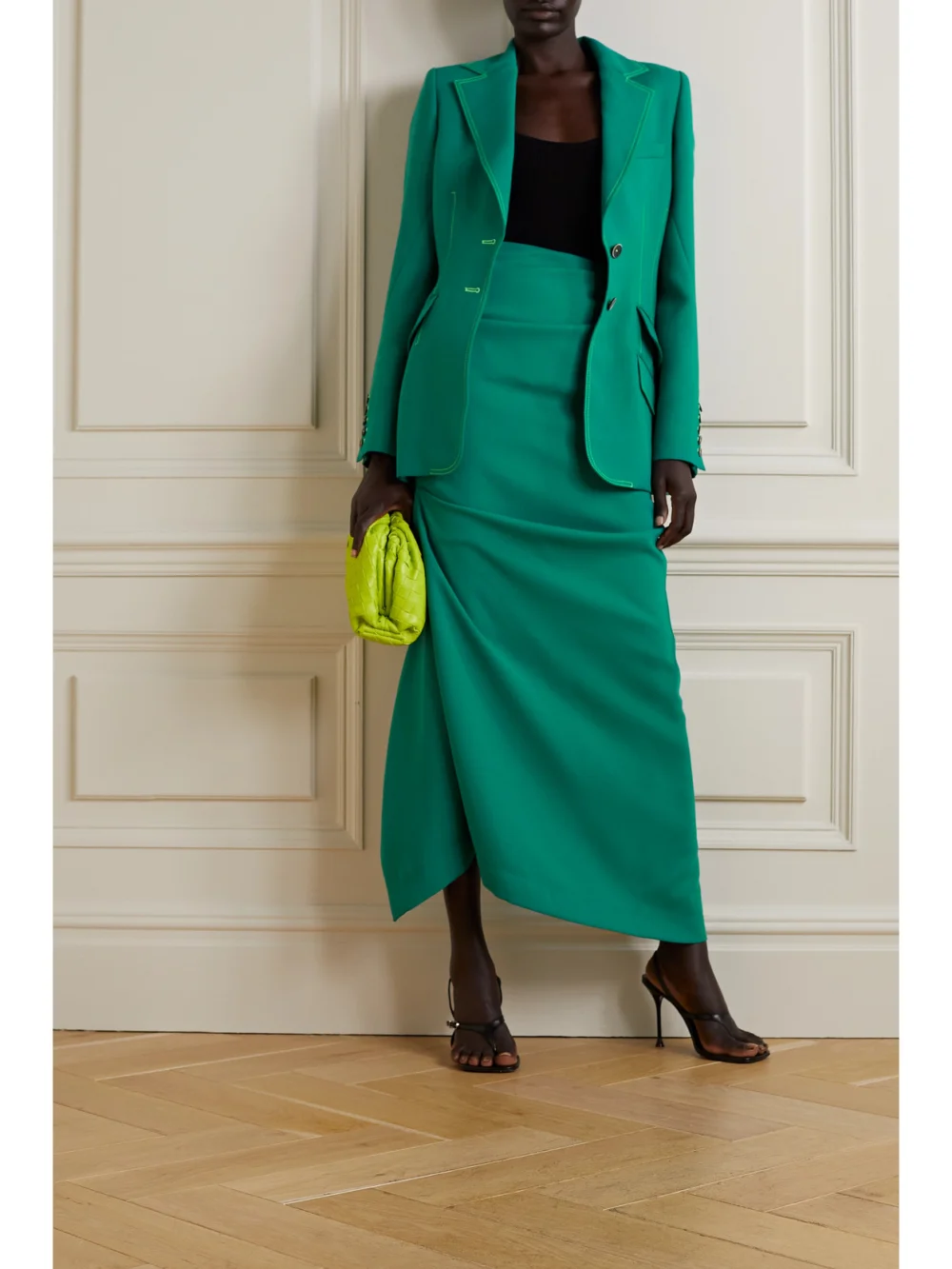 Christopher John Rogers Asymmetric Gathered Woven Maxi Skirt, worn by a model