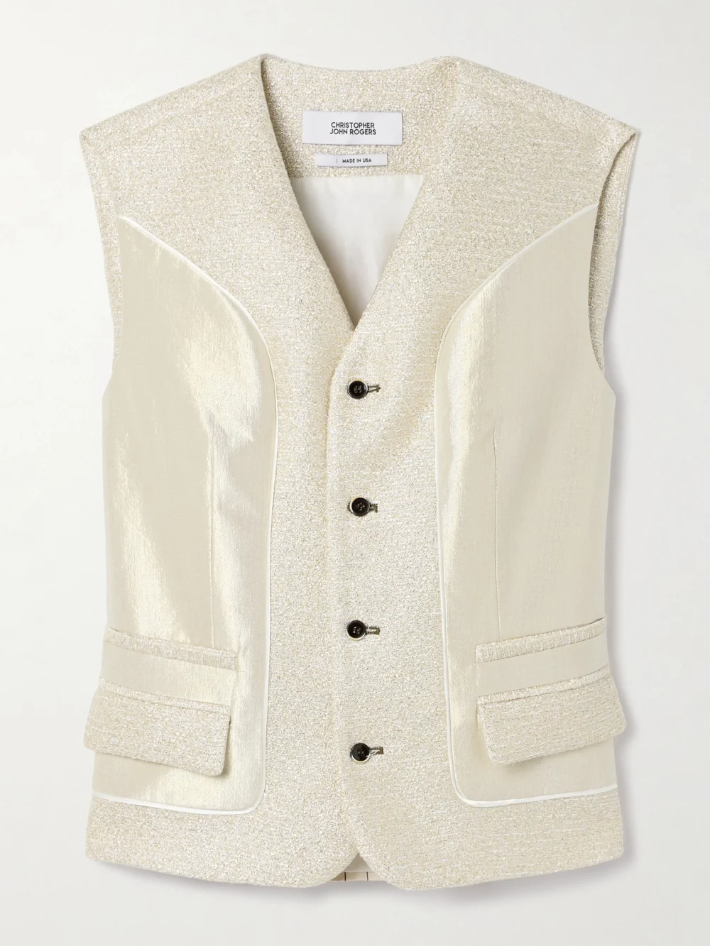 Christopher John Rogers Belted Paneled Metallic Tweed, Lamé and Striped Voile Vest in beige