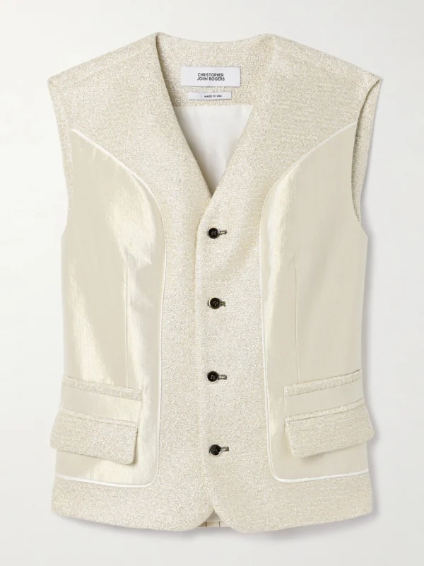 Christopher John Rogers Belted Paneled Metallic Tweed, Lamé and Striped Voile Vest