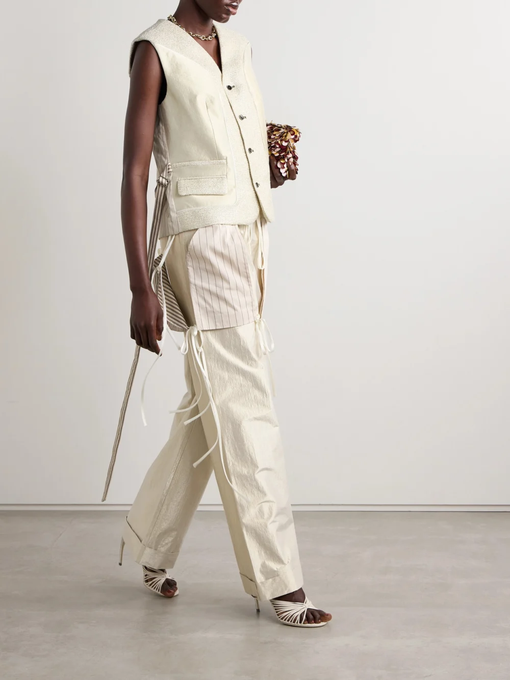 Christopher John Rogers Belted Paneled Metallic Tweed, Lamé and Striped Voile Vest, worn by a model