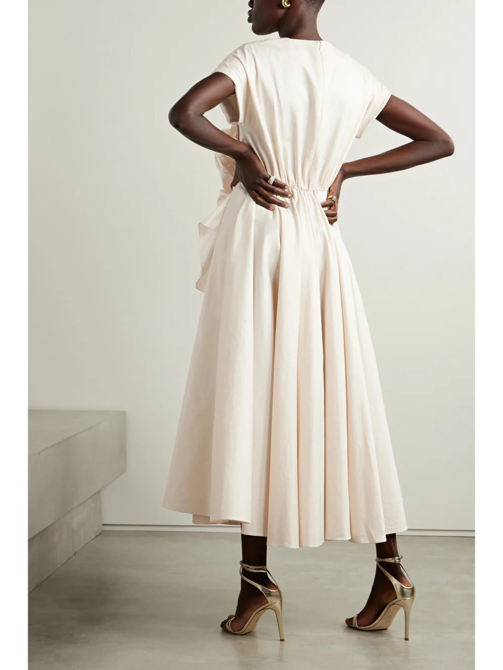 Back view of the Christopher John Rogers Bow-detailed Dupioni-trimmed Cotton and Silk-blend Twill Midi Dress