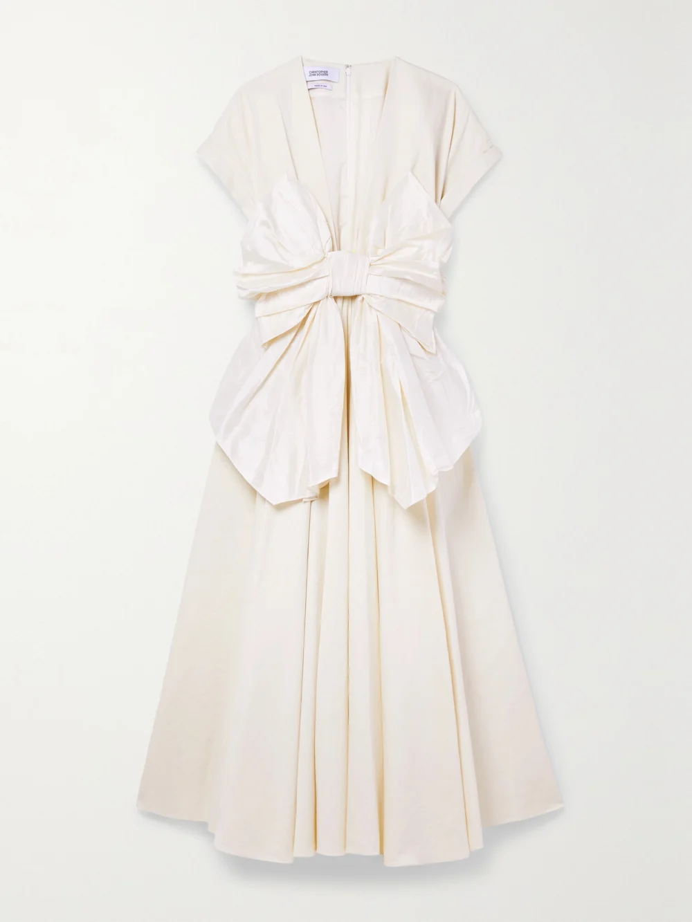 Christopher John Rogers Bow-detailed Dupioni-trimmed Cotton and Silk-blend Twill Midi Dress in white