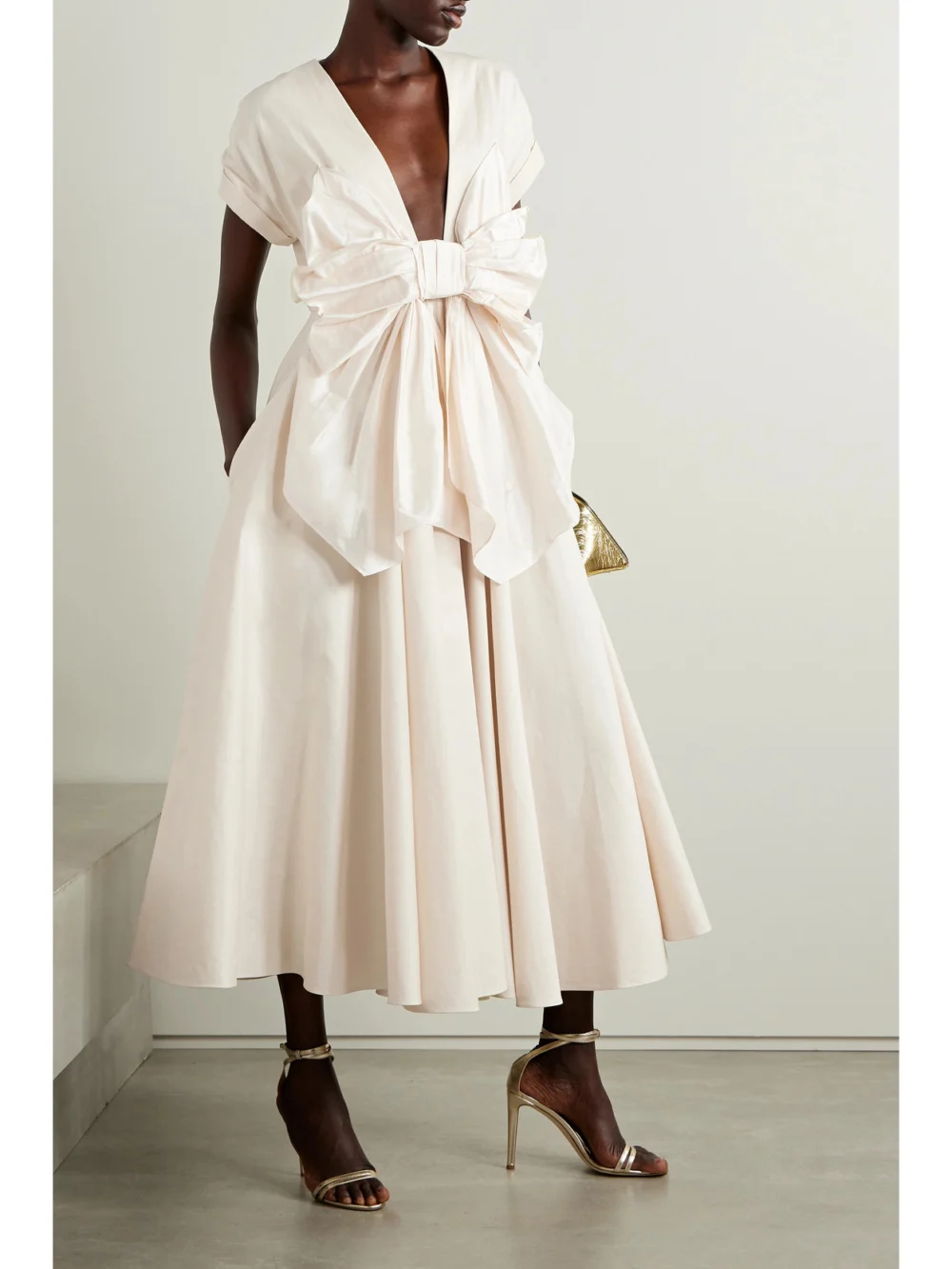 Christopher John Rogers Bow-detailed Dupioni-trimmed Cotton and Silk-blend Twill Midi Dress, worn by a model