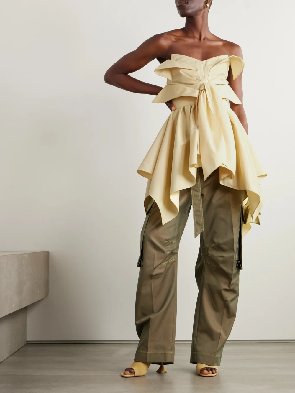 Christopher John Rogers Bow-embellished Off-the-shoulder Twill Top, worn by a model