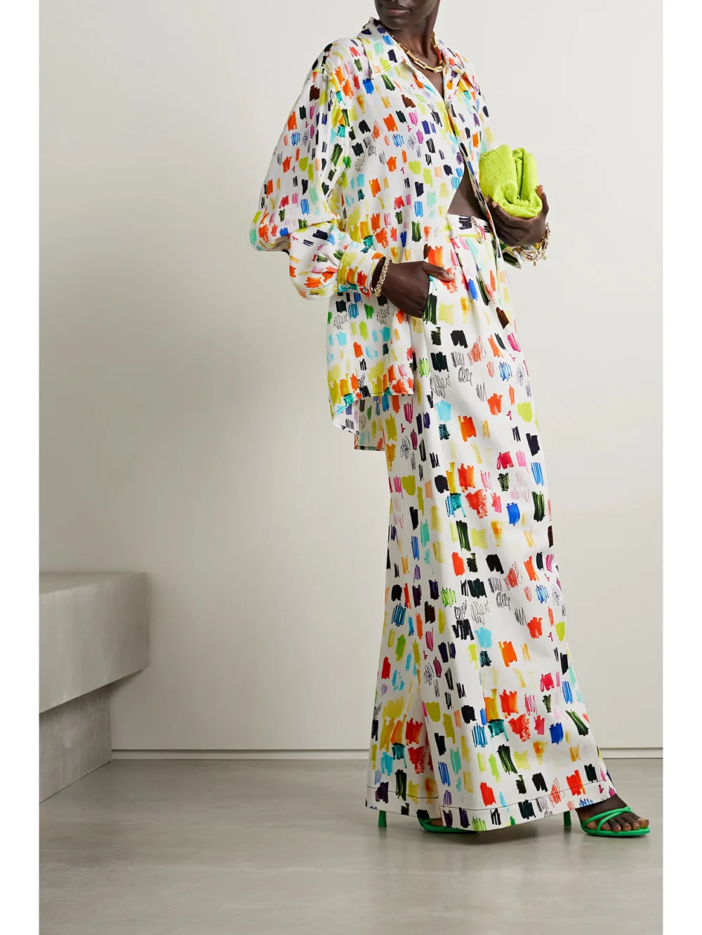 Christopher John Rogers Marker Test Pleated Printed Cotton-twill Wide-leg Pants, worn by a model