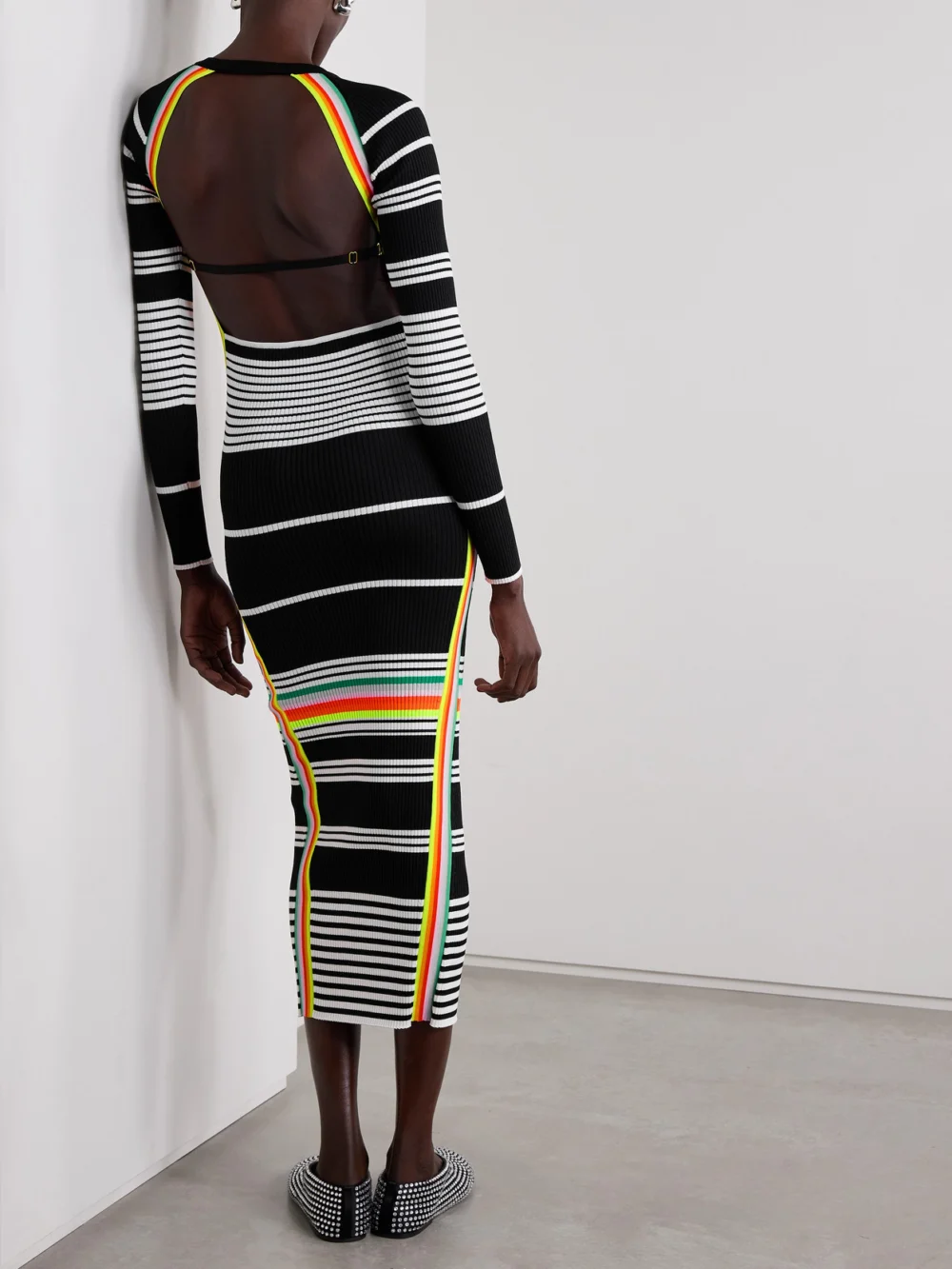 Back view of the Christopher John Rogers Open-back Striped Ribbed-knit Midi Dress