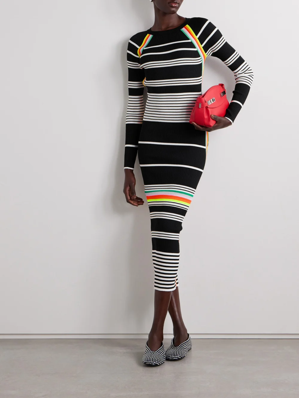 Christopher John Rogers Open-back Striped Ribbed-knit Midi Dress, worn by a model