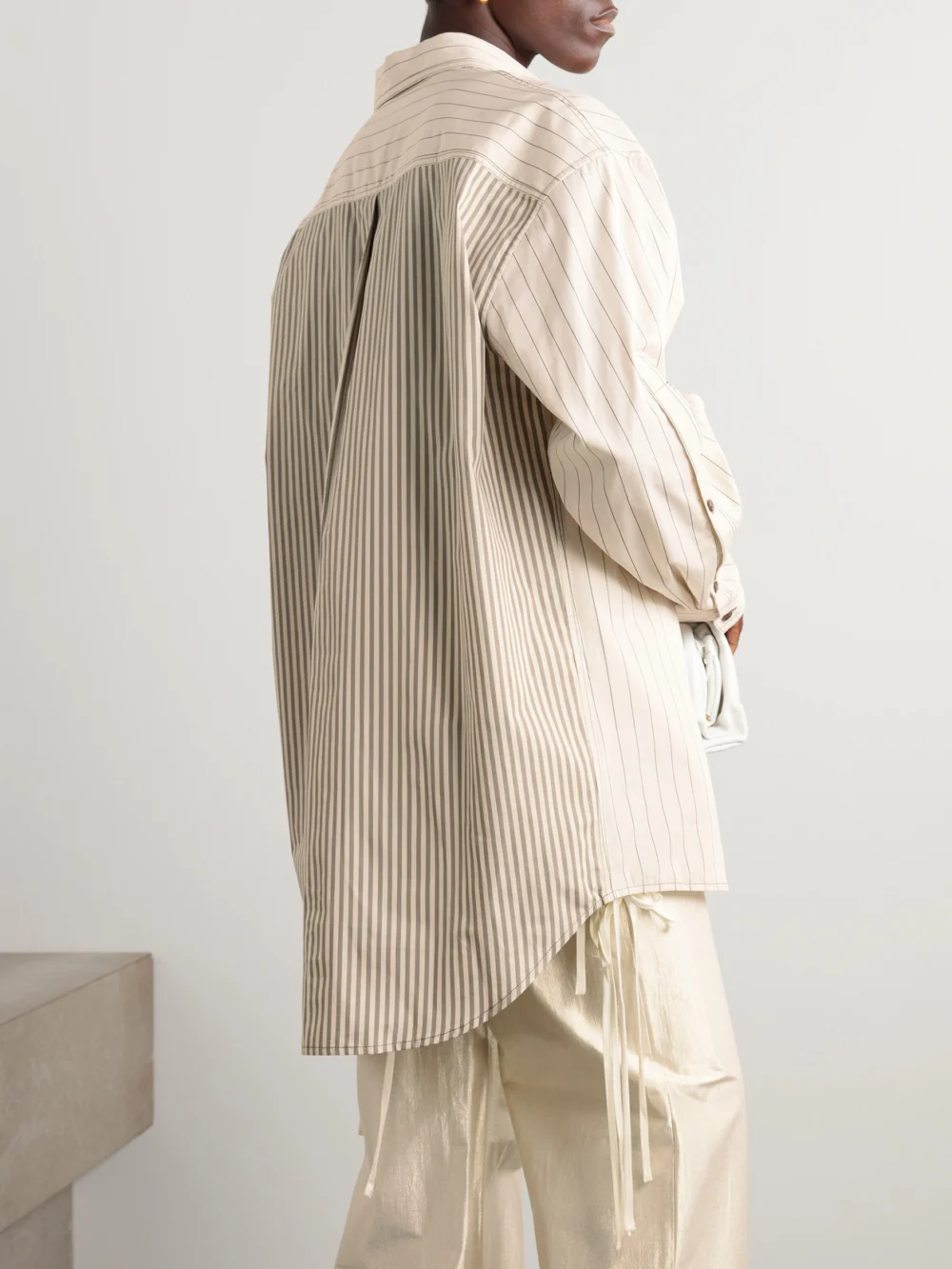 Back view of the Christopher John Rogers Oversized Striped Patchwork Silk-satin, Cotton-poplin and Cotton-blend Shirt
