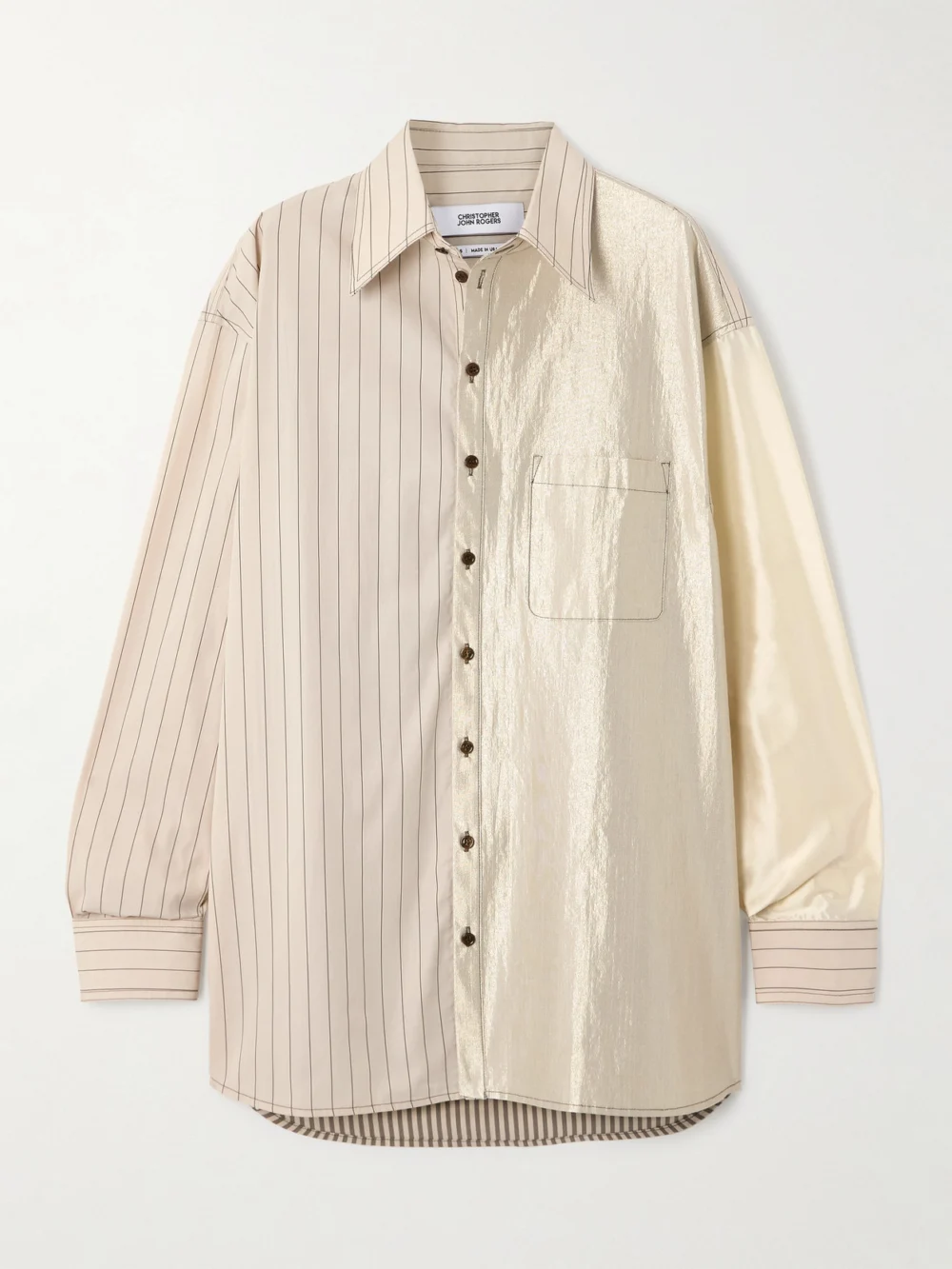 Christopher John Rogers Oversized Striped Patchwork Silk-satin, Cotton-poplin and Cotton-blend Shirt in beige