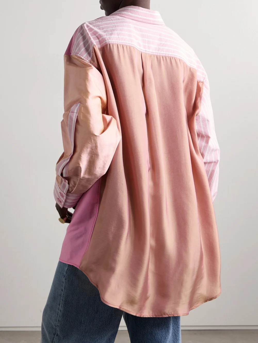 Back view of the Christopher John Rogers Patchwork Satin, Silk-twill and Striped Cotton-blend Poplin Shirt
