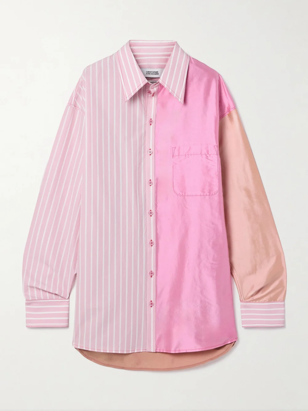 Christopher John Rogers Patchwork Satin, Silk-twill and Striped Cotton-blend Poplin Shirt in pink