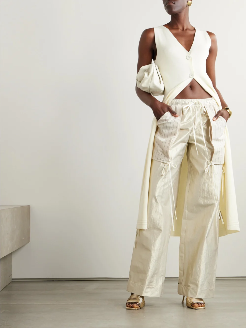 Christopher John Rogers Poplin-trimmed Metallic Cotton-blend Wide-leg Pants, worn by a model