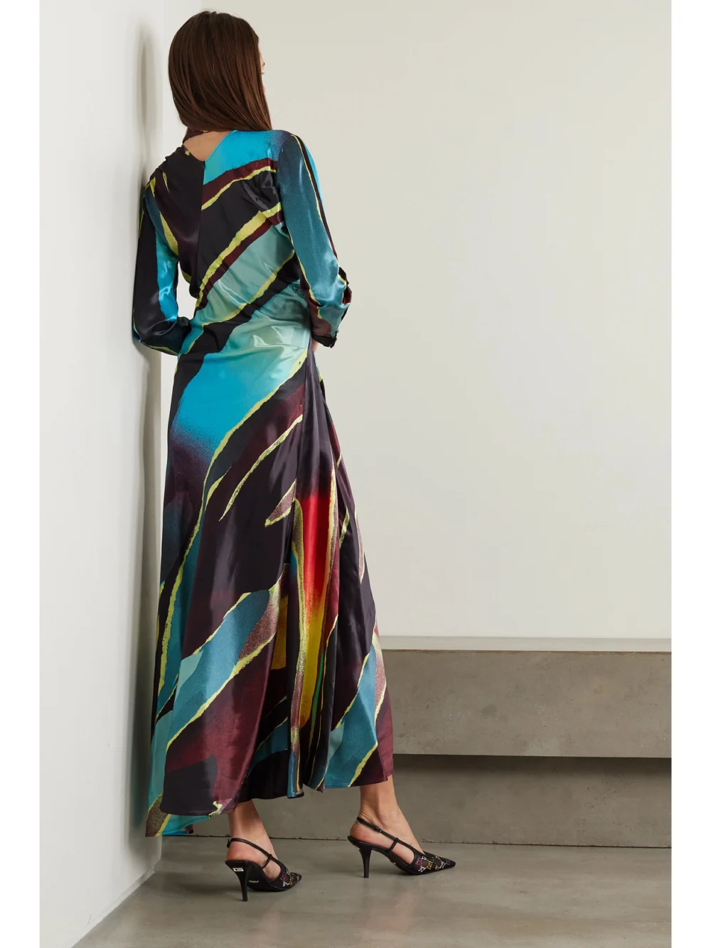 Back view of the Christopher John Rogers Pussy-bow Cutout Printed Satin Maxi Dress