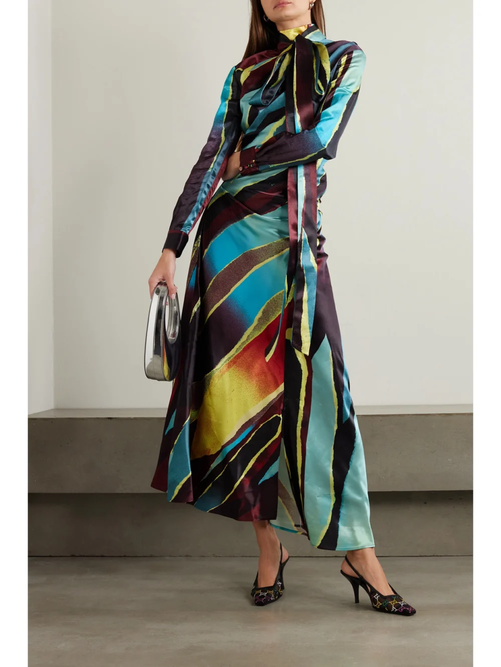 Christopher John Rogers Pussy-bow Cutout Printed Satin Maxi Dress, worn by a model
