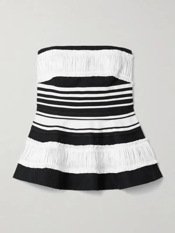 Christopher John Rogers Strapless Striped Taffeta and Grosgrain-trimmed Cotton and Silk-blend Twill Peplum Top
