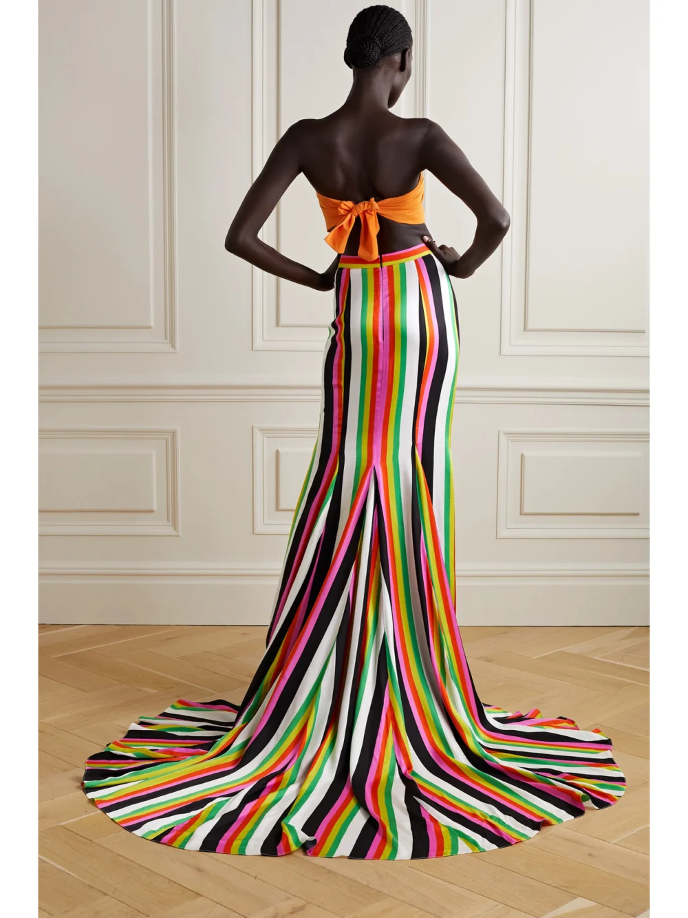 Back view of the Christopher John Rogers Striped Crepe Maxi Skirt