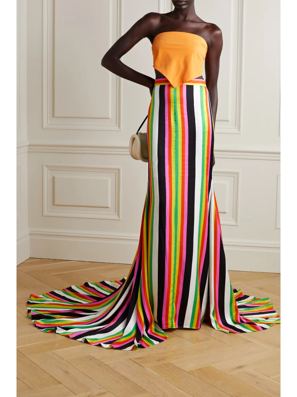 Christopher John Rogers Striped Crepe Maxi Skirt, worn by a model