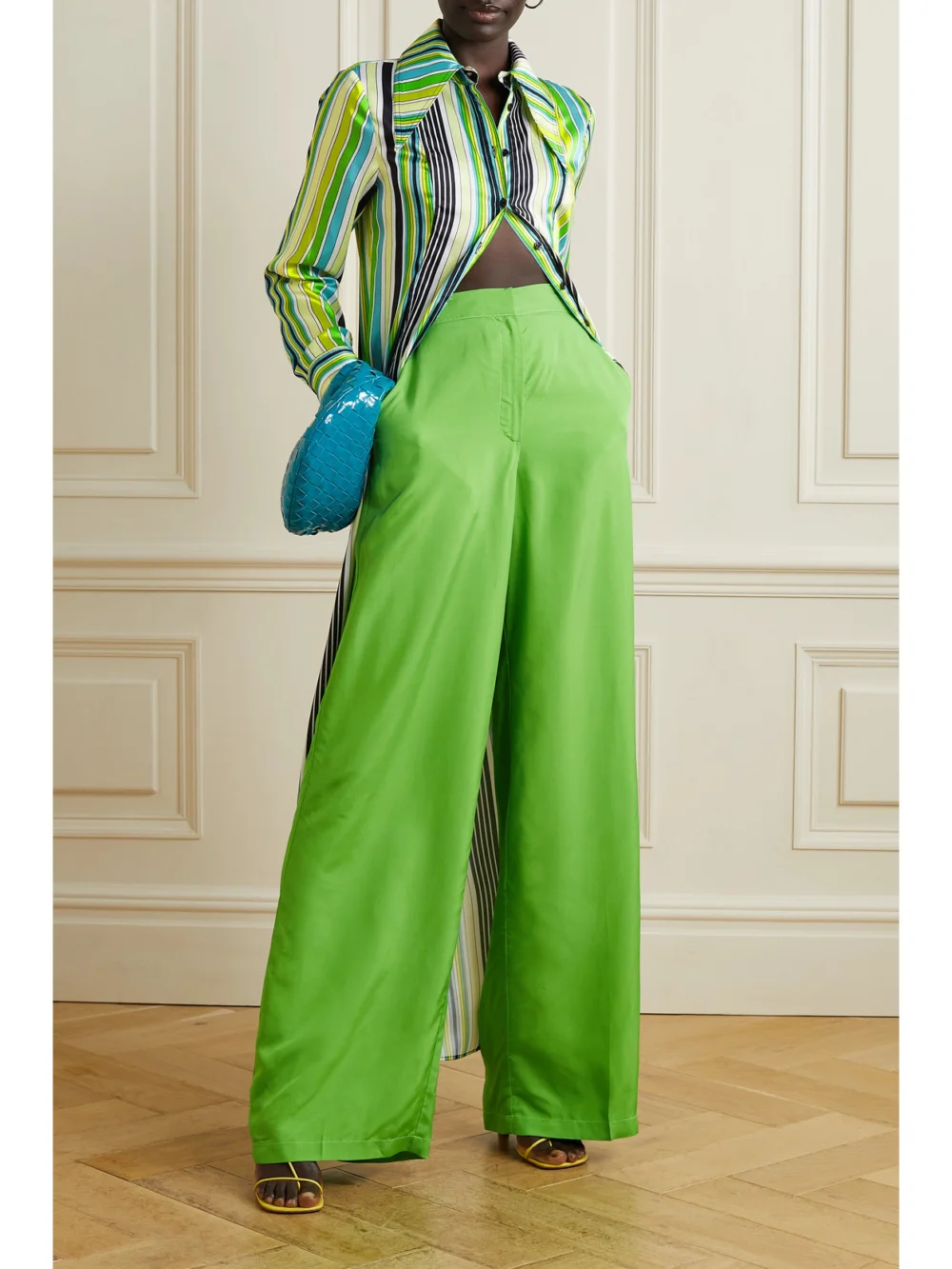 Christopher John Rogers Striped Satin Shirt Dress, worn by a model