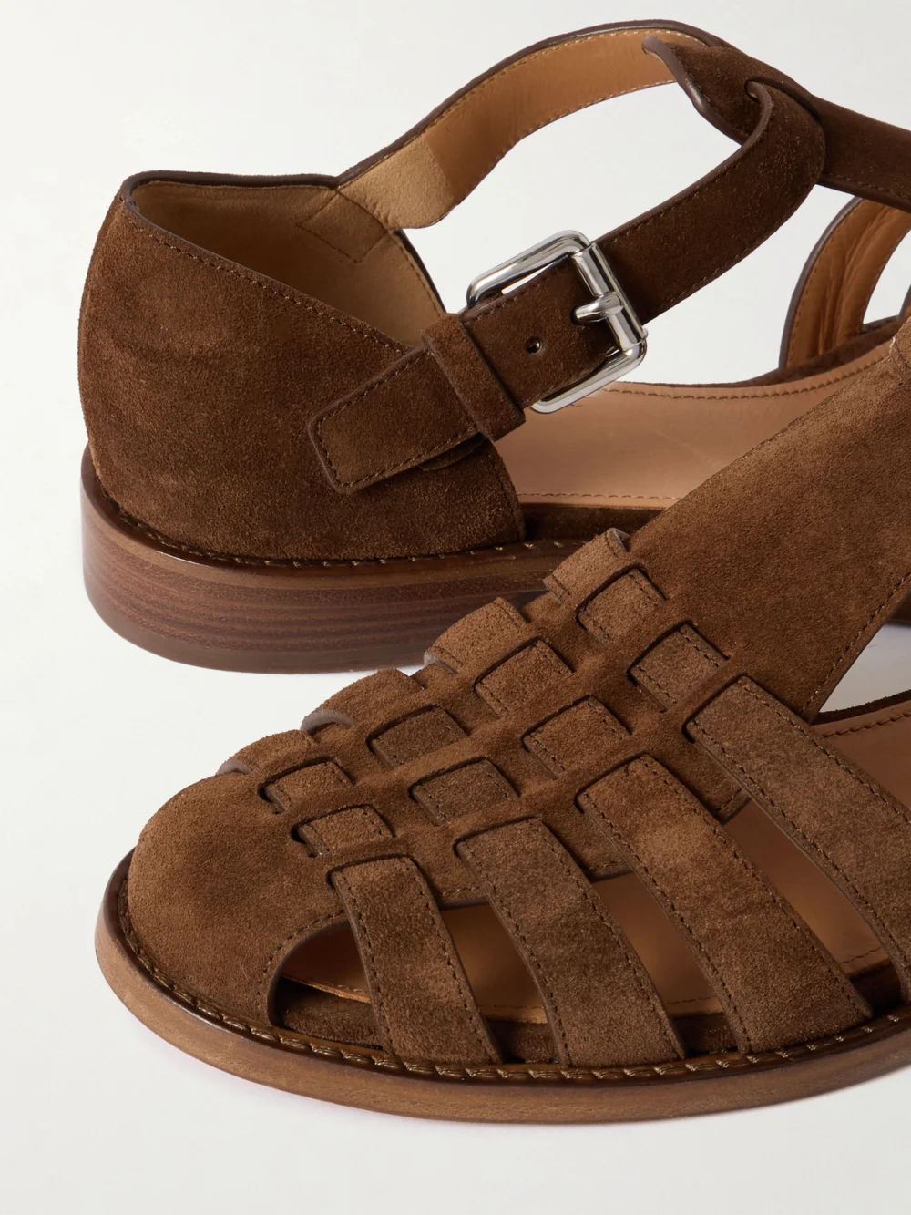 Close-up detail of the Church's Kelsey Woven Suede Sandals
