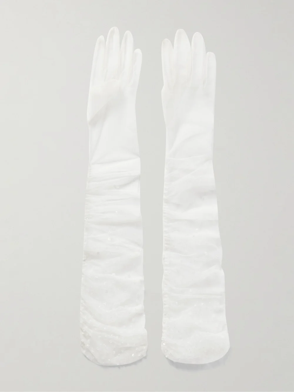 Clio Peppiatt Chantilly Embellished Ruched Tulle Gloves in ivory