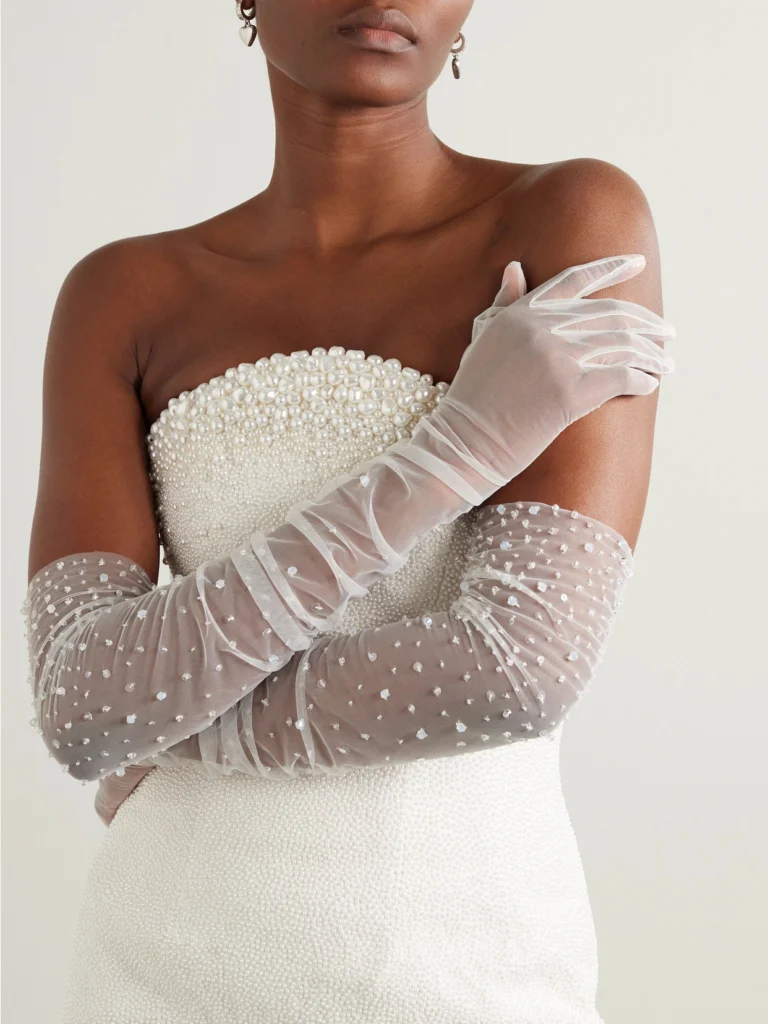 Clio Peppiatt Chantilly Embellished Ruched Tulle Gloves