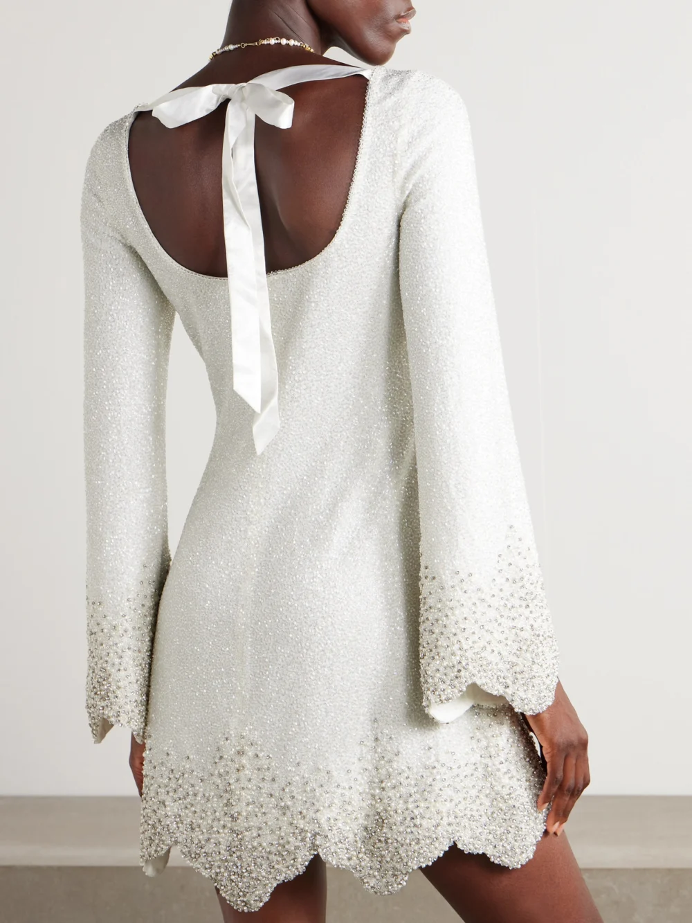 Back view of the Clio Peppiatt Embellished Scalloped Stretch-tulle Mini Dress