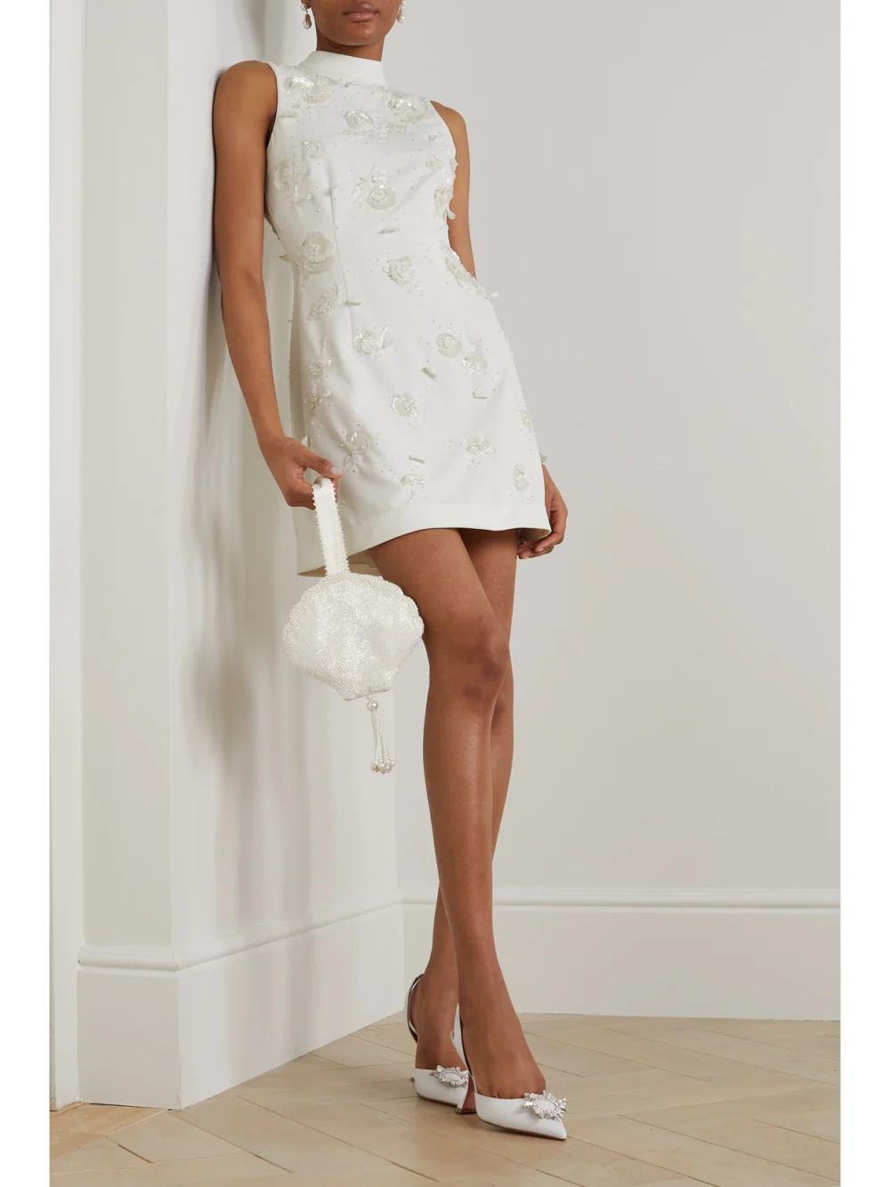 Clio Peppiatt Embellished Stretch-crepe Mini Dress, worn by a model