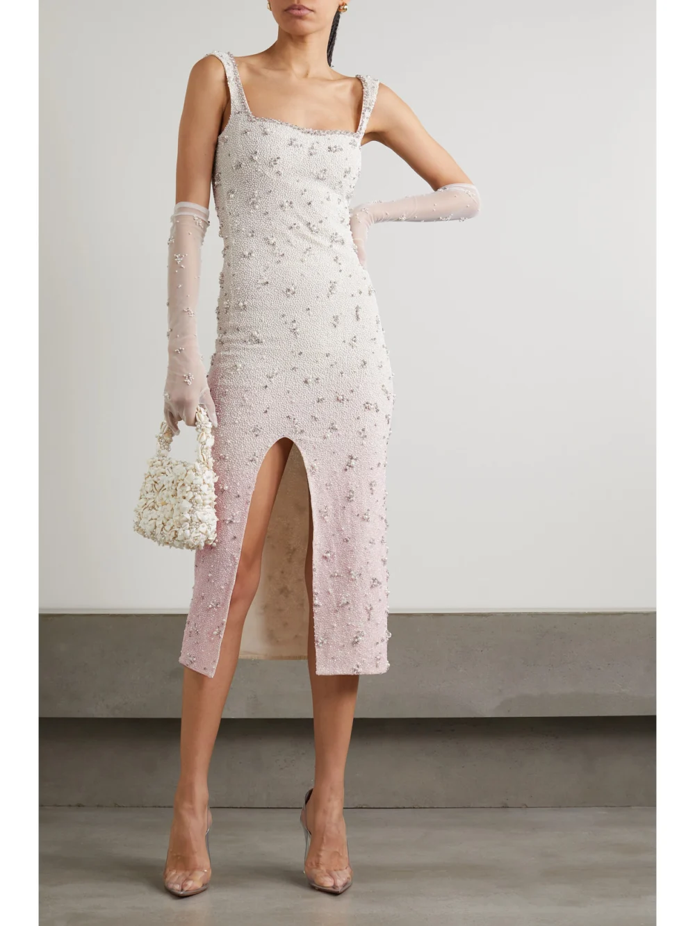 Clio Peppiatt Embellished Stretch-tulle Midi Dress, worn by a model