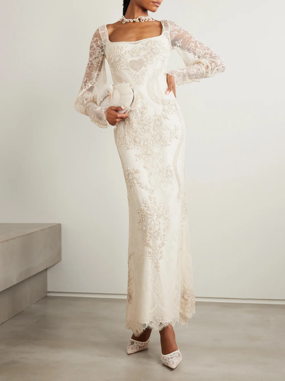 Clio Peppiatt Flora Embellished Lace Gown, worn by a model