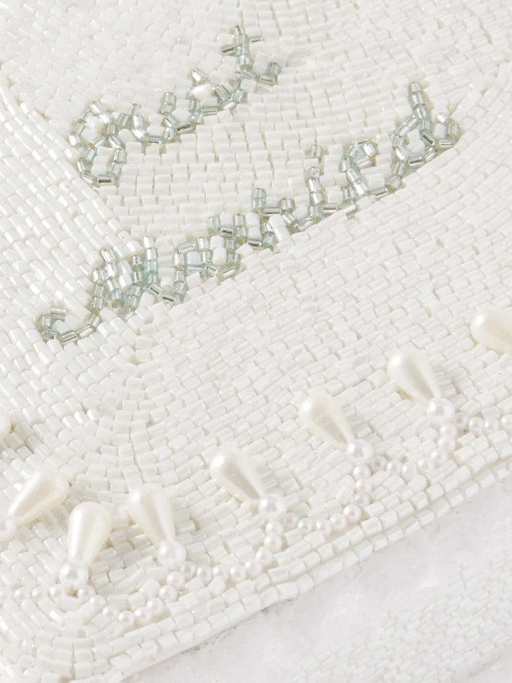 Close-up detail of the Clio Peppiatt Just Married Lace-trimmed Beaded Twill Tote