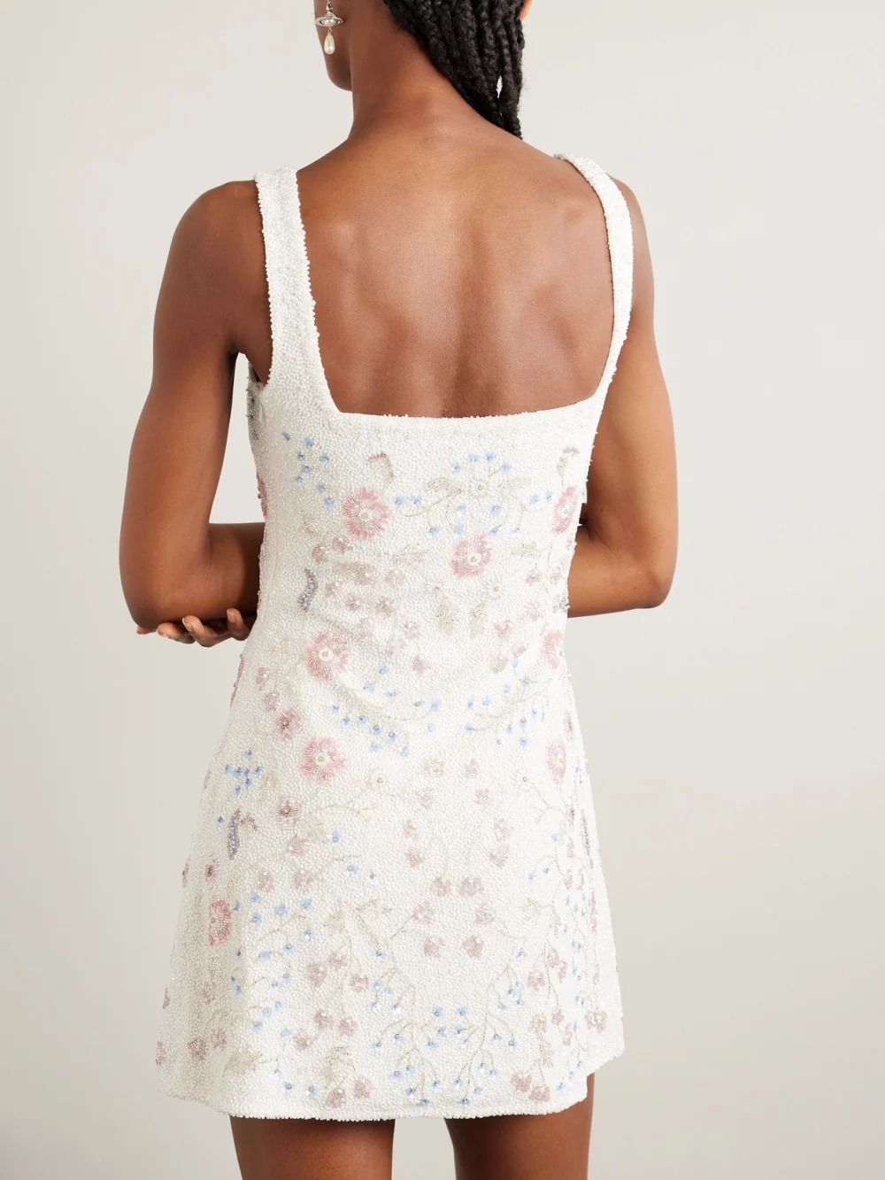 Back view of the Clio Peppiatt Meadow Embellished Beaded Stretch-tulle Mini Dress