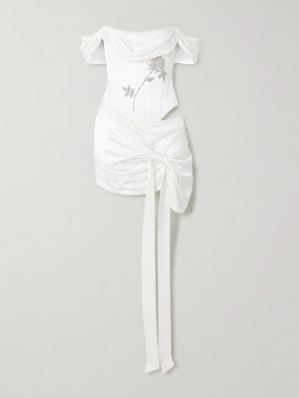 Clio Peppiatt Paloma Convertible Draped Embellished Satin Mini Dress in ivory