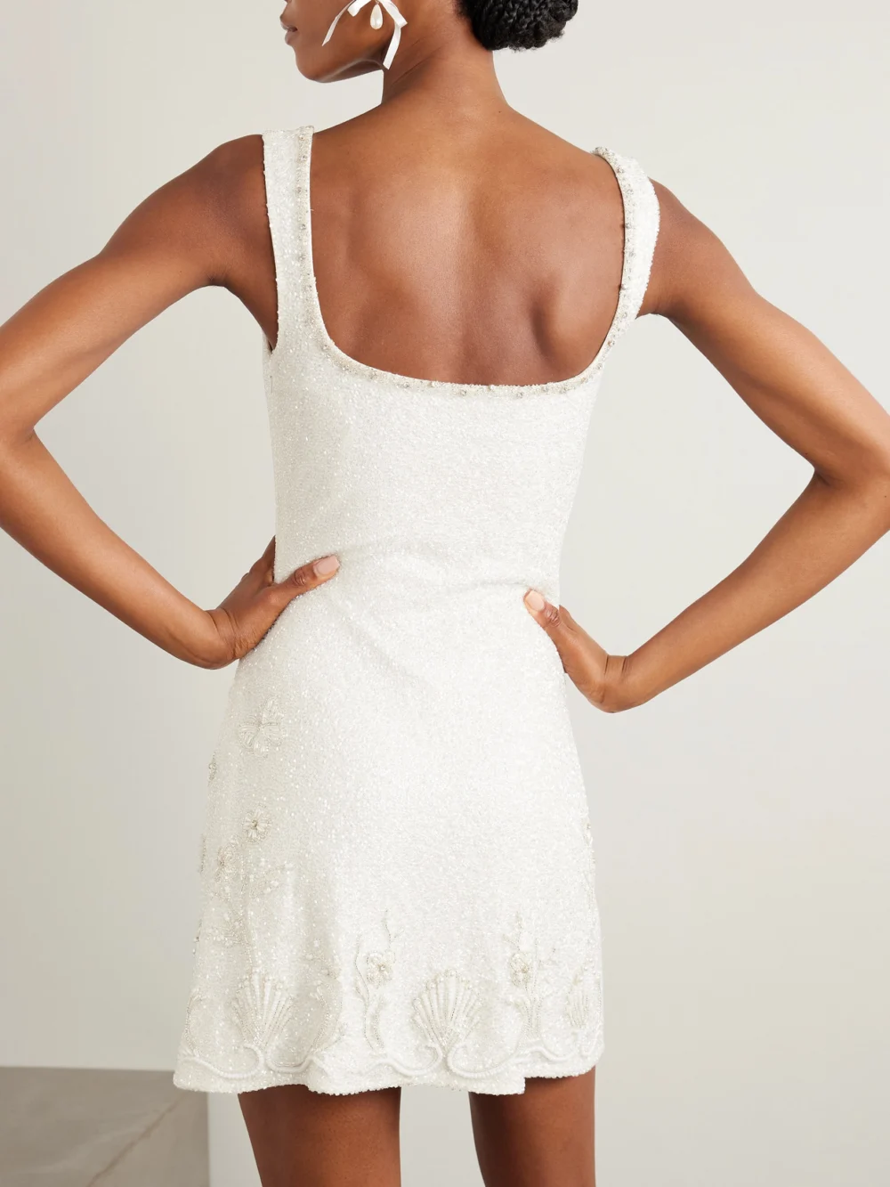 Back view of the Clio Peppiatt Snowdrop Embellished Beaded Stretch-tulle Mini Dress