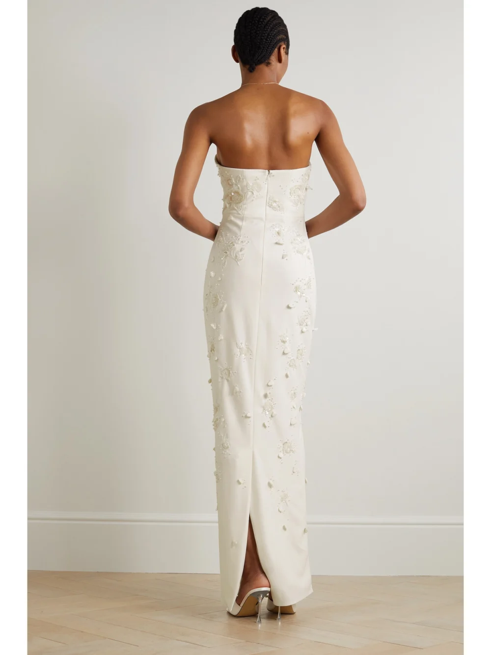 Back view of the Clio Peppiatt Strapless Embellished Stretch-crepe Gown